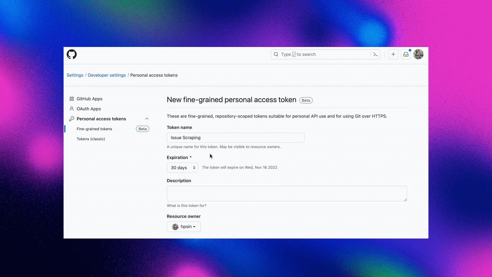 Setting up a fine-grained personal access token