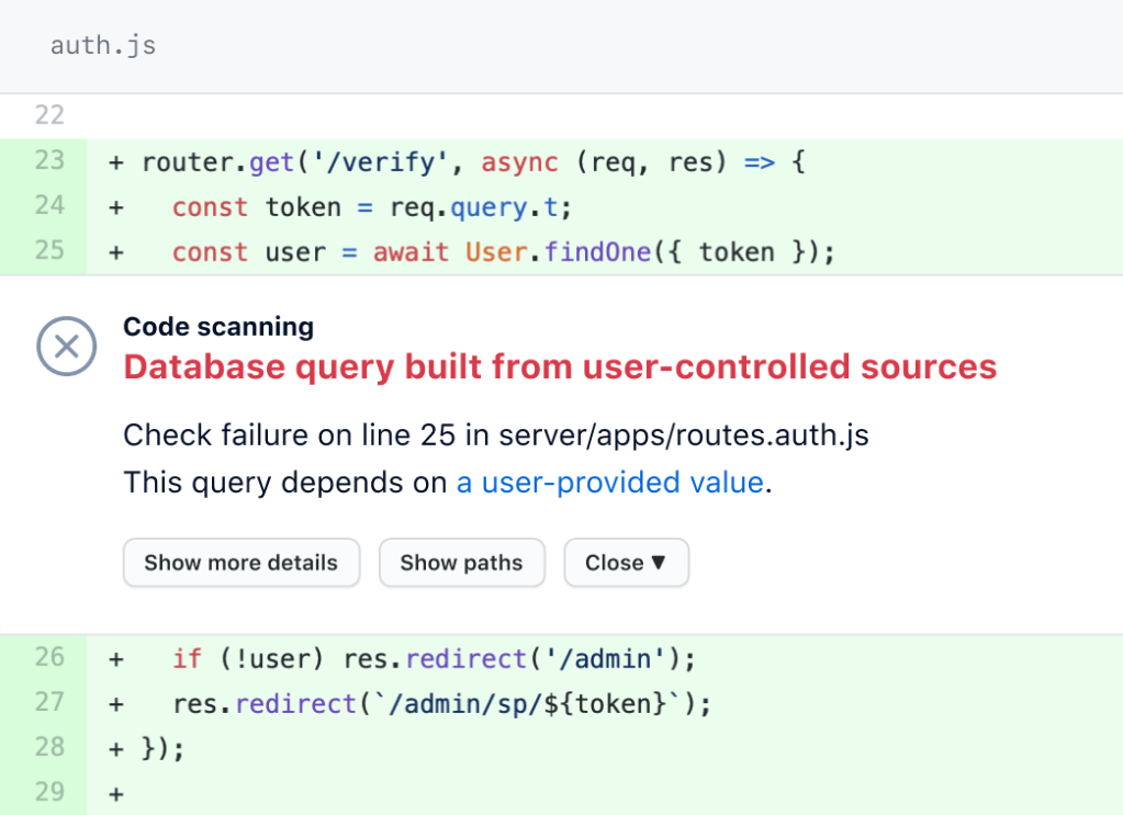 Screenshot showing a GitHub code scanning failure as it potentially allowed an injection attack