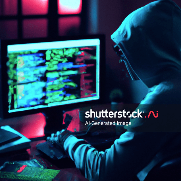 AI-generated image from Shutterstack of a developer using a generative AI tool to code faster. 