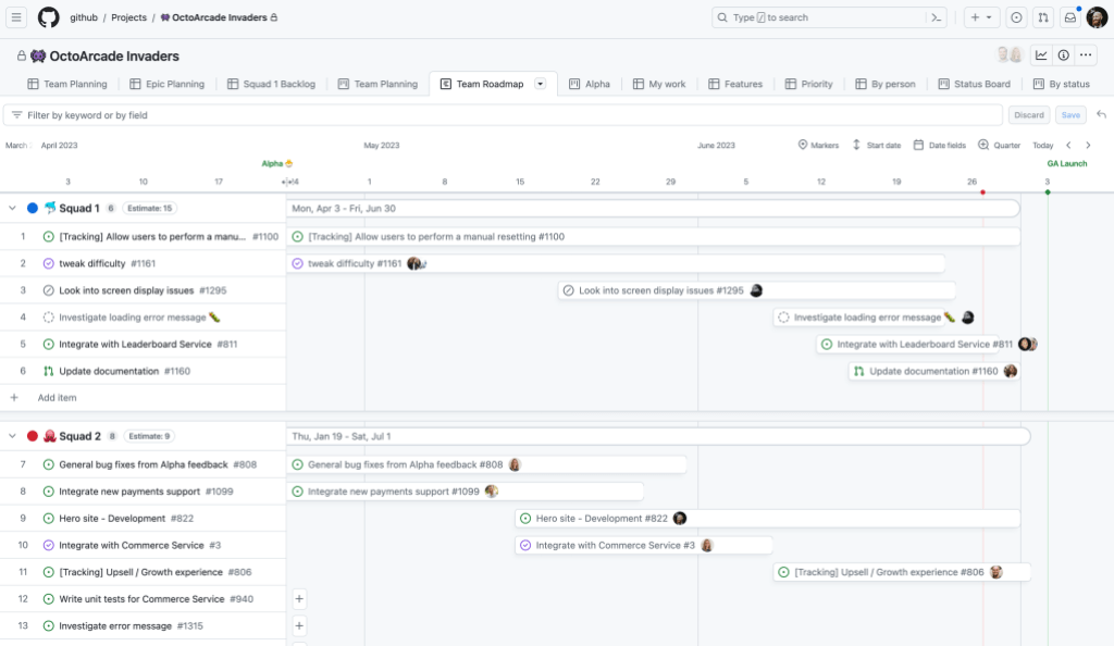 Screenshot of the roadmap layout in GitHub Projects.