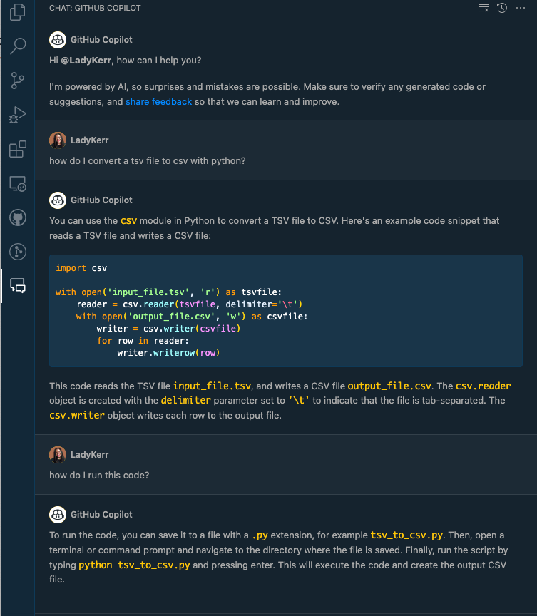 GitHub Copilot Chat converts TSV to CSV with Python code