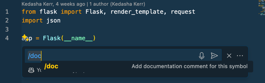 inline chat in the VS Code editor with the /doc command in focus