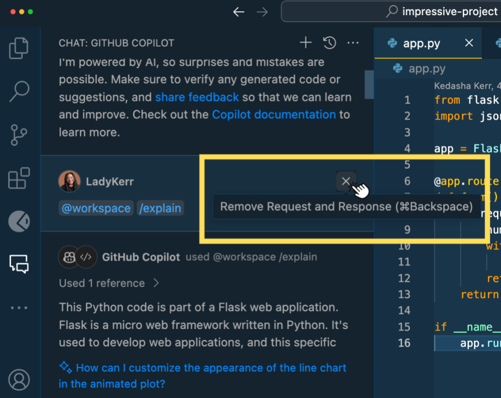 Copilot Chat interface with a mouse click hovered over a conversation and the X button to delete it.