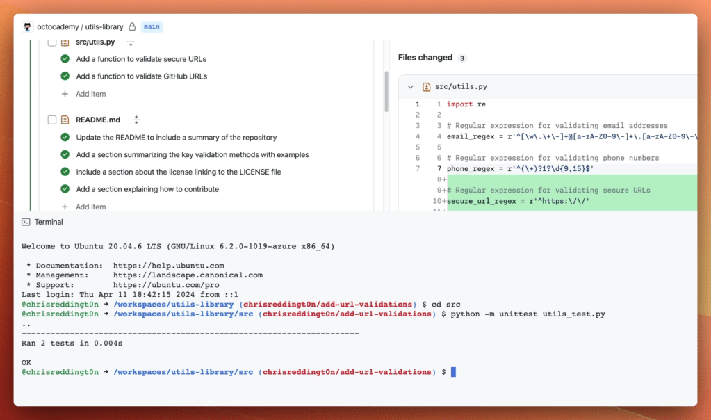 Once you're happy with the code, you can use the integrated terminal to run unit tests, builds and appropriate checks.