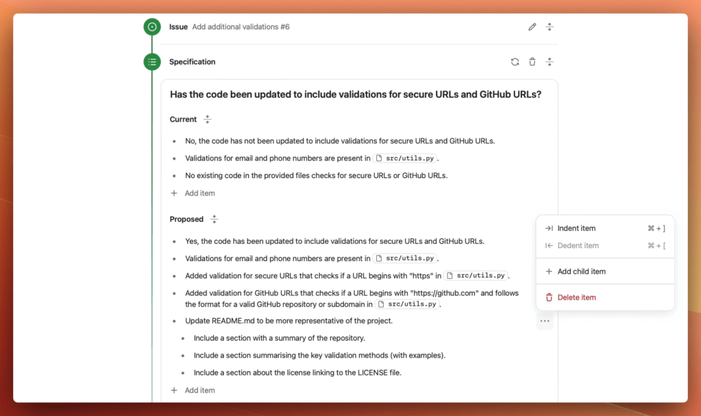 Progress from your task to a specification, outlining what you want to achieve with Copilot Workspace. The steps are editable, enabling you to iterate on ideas.