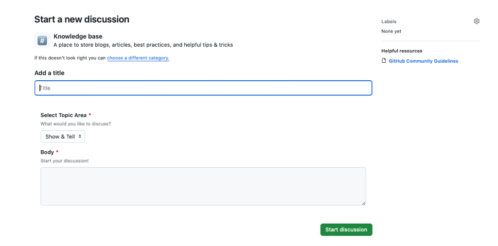 Screenshot of a new discussion being started using the "Knowledge base" category form created in the previous step.