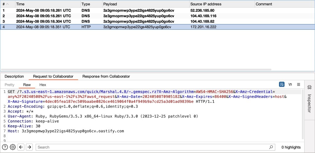 A screenshot of Burp Collaborator depicting that the desired Collaborator URL was triggered via GET Request.