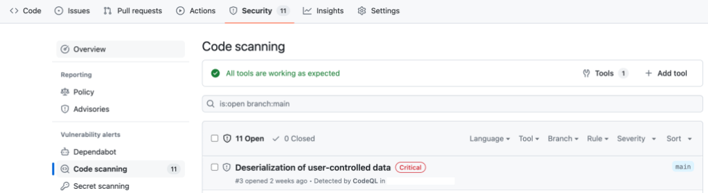 A screenshot of the GitHub security tab depicting code scanning results. One result with the name “Deserialization of user-controlled data” is visible.