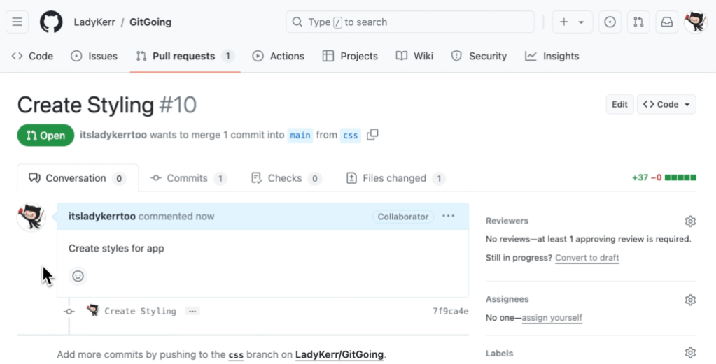 Screenshot of the pull requests tab in the GitGoing repository showing where you can add a description and create the pull request.