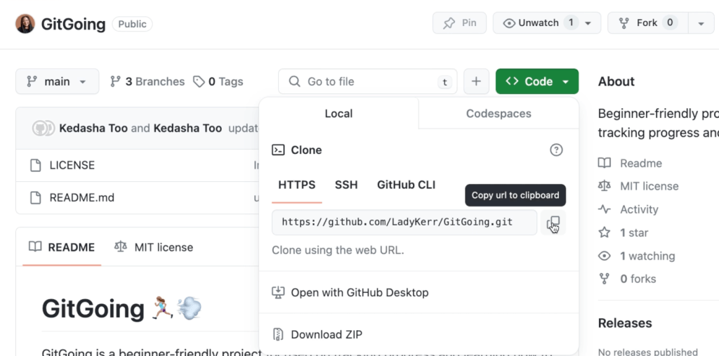 Clicking the green button labeled "Code" in order to clone a repository called "GitGoing."