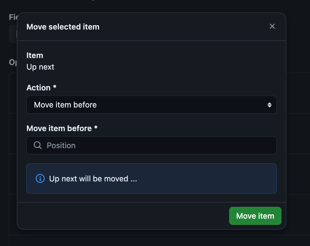 A screenshot of the Move Dialog. At the top of the dialog is a span specifying  the item being moved. Followed by a form to move items then a preview of the movement.