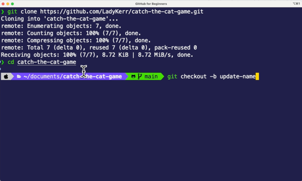 terminal showing the git command "git checkout -b update-name"