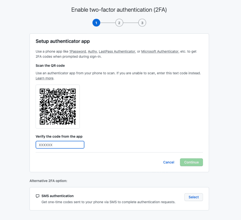 GitHub setup page for enabling two-factor authentication using an authenticator app with QR code and SMS option