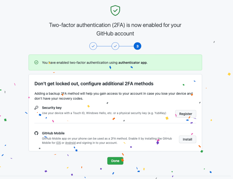 GitHub two-factor authentication enabled successfully with confetti, offering options to configure additional 2FA methods.