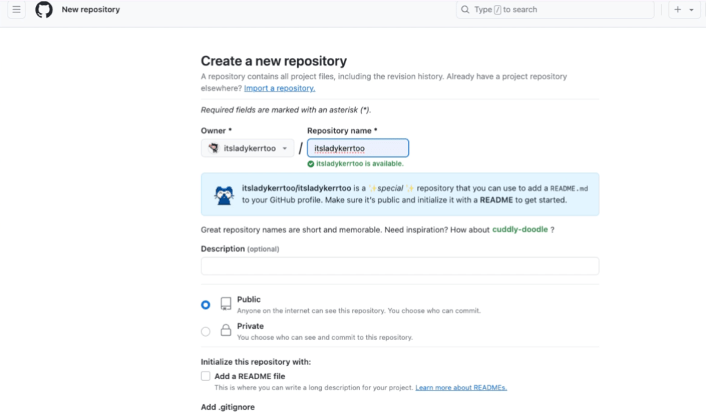 GitHub page for creating a new repository with the name 'itsladykerrtoo' and an option to add a README file.
