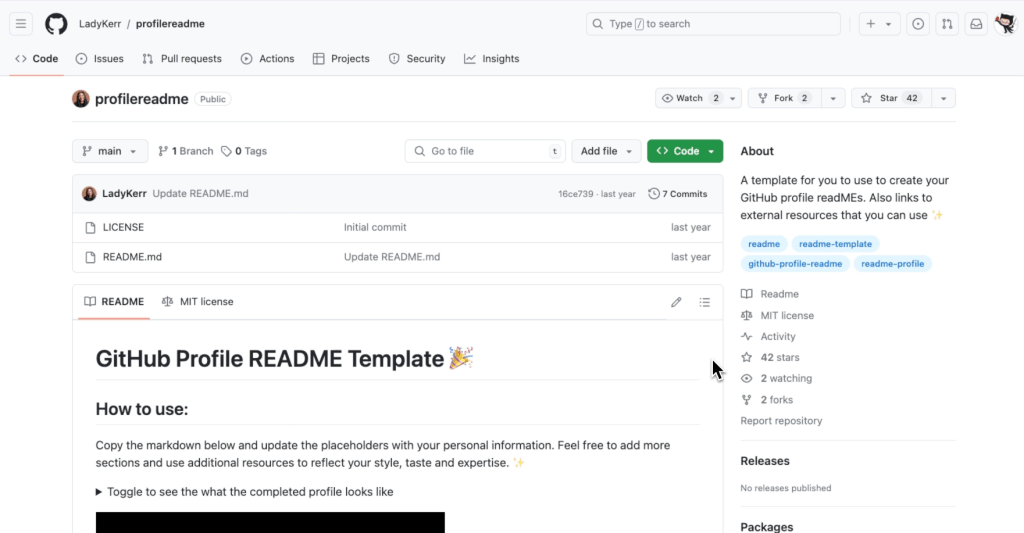 GitHub repository 'profilereadme' showing a README template for creating GitHub profile READMEs with instructions and links to resources.