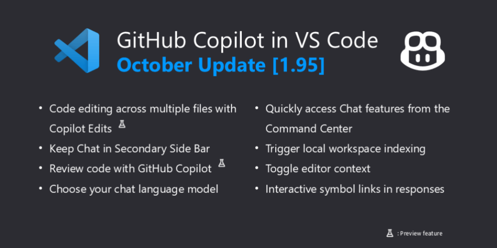 A list of the GitHub Copilot Chat updates in the October VS Code release.