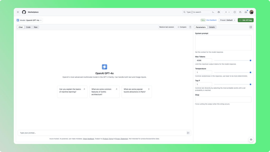 GitHub Models product screenshot showing the model playground