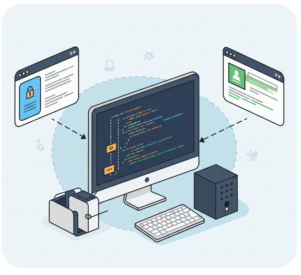 A computer with two windows open showing secure code.