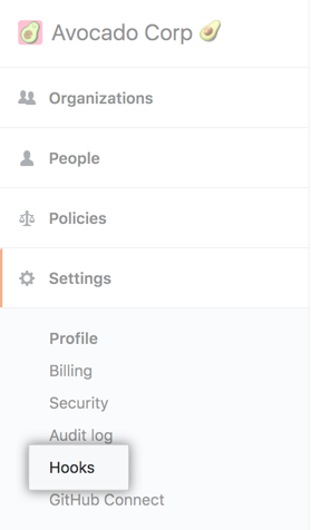 Hooks tab in the enterprise account settings sidebar