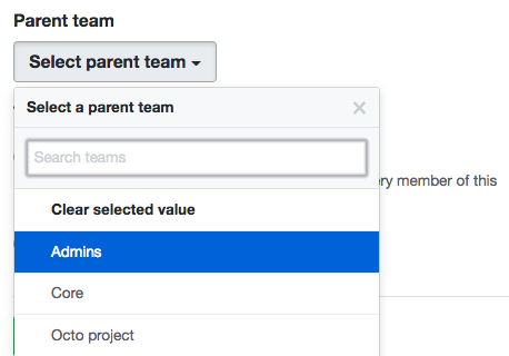 Dropdownmenü mit den vorhandenen Teams der Organisation