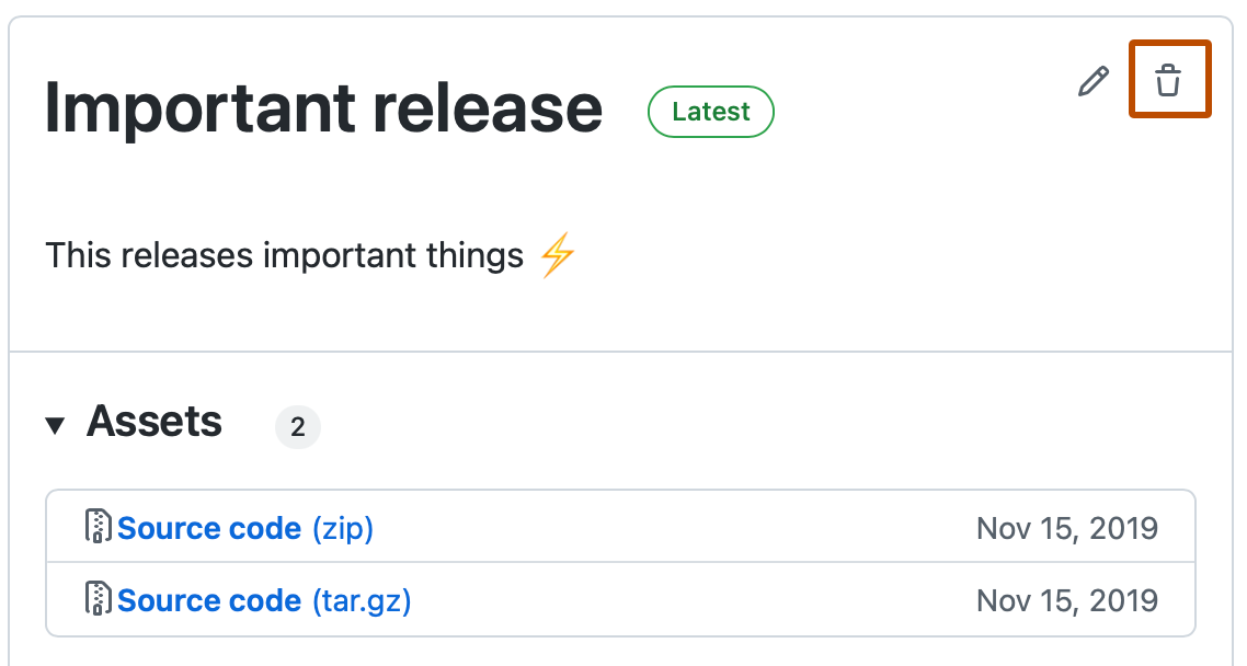 Screenshot of a release in the releases list. A trash icon is highlighted with an orange outline.