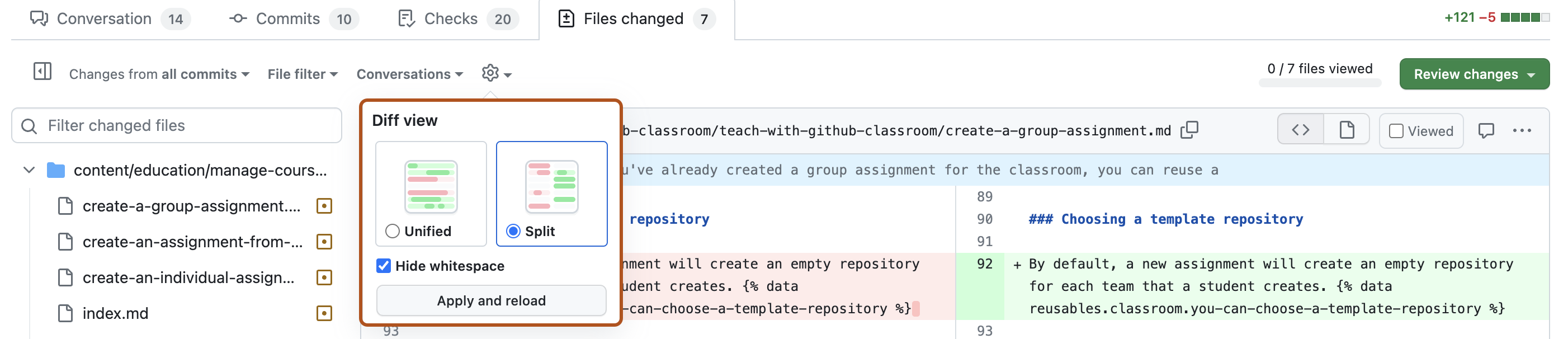 Screenshot of the "Files changed" tab for a pull request. The "Diff view" menu is outlined in dark orange.