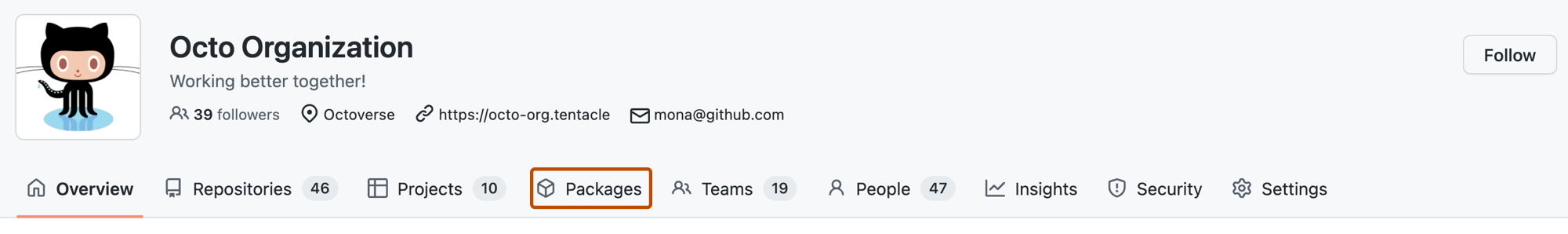 Screenshot of @octo-org's profile page. The "Packages" tab is highlighted with an orange outline.