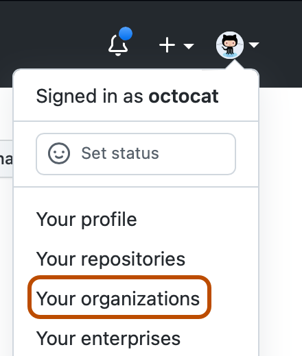 Captura de pantalla del menú desplegable en la imagen de perfil de @octocat. "Sus organizaciones" se destaca en naranja oscuro.