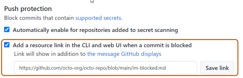 Screenshot of the "Push protection" section of the settings for security and analysis features. The checkbox and the text field used for enabling a custom link are outlined in dark orange.