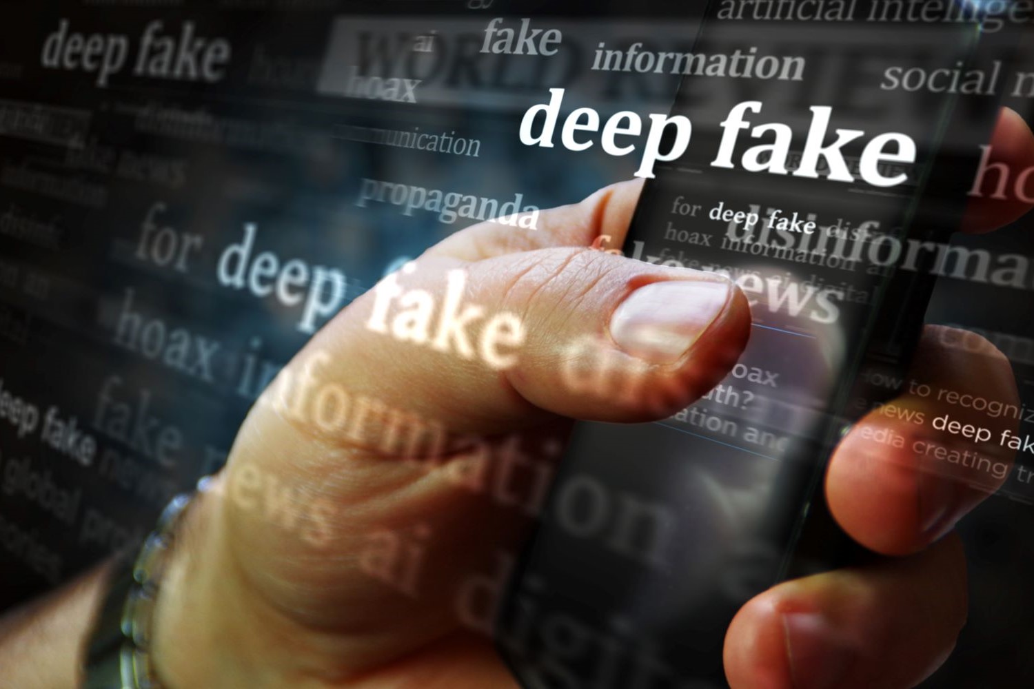 A hand scrolling on a phone with the word "deepfake" superimposed over it.