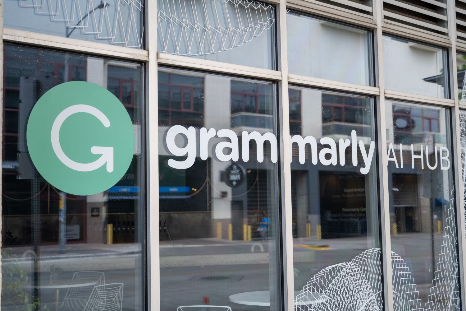 A sign for Grammarly, a company that makes AI tools for schools.