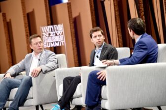 Elon Musk and Sam Altman sitting in chairs next to each other while being questioned by a moderator.