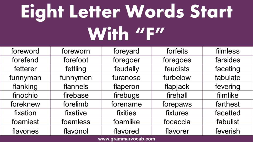 Eight letter words starting with F