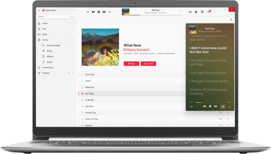 نافذة تطبيق Apple Music تعرض ألبومًا وأغنية ونافذة المشغِّل المصغِّر التي تعرض أغنية قيد التشغيل وكلمات الأغاني أدناها، والتي تظهر على الشاشة بالتزامن مع الموسيقى.