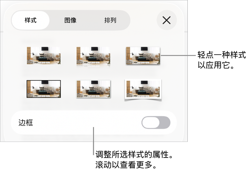 “格式”菜单中的“样式”标签,顶部为对象样式,样式下方为更改边框的控制。