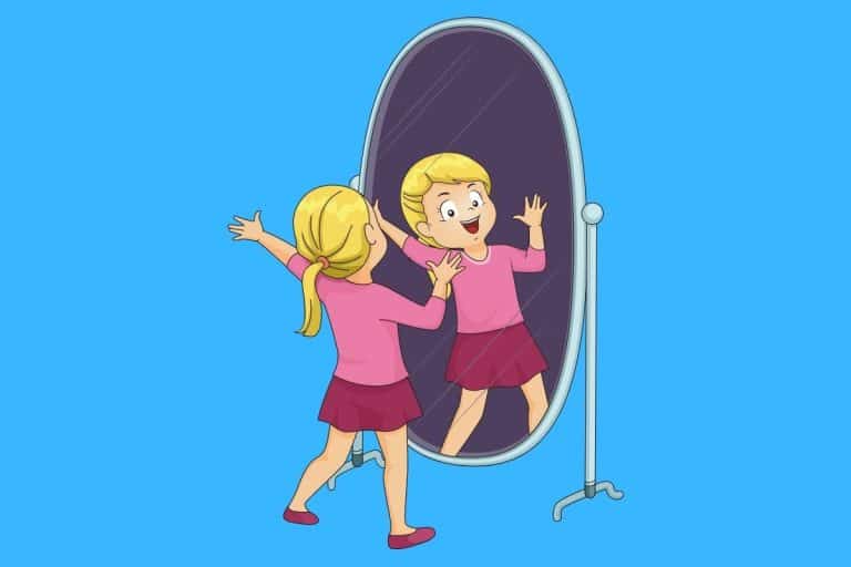 Cartoon graphic of a girl smiling into a mirror on a blue background.