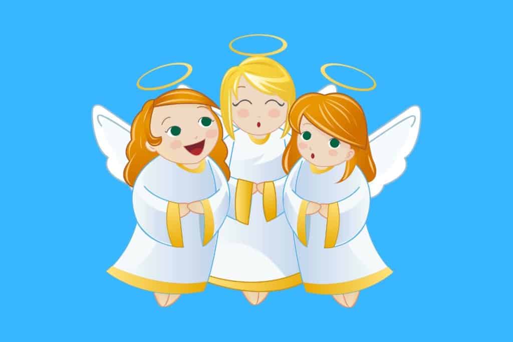 Cartoon graphic of 3 smiling female angels singing on a blue background.