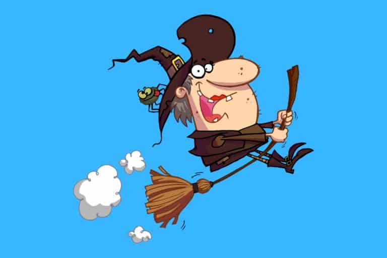 Cartoon graphic of an old witch on a broomstick with a pointy hat on a blue background.