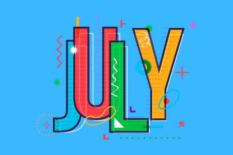 Cartoon graphic of multicolored word of July in block letters on a blue background.