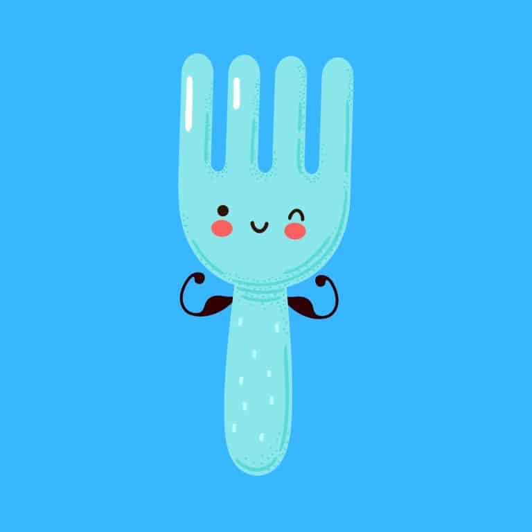 Cartoon graphic of a blue fork winking and flexing its muscles arms on a blue background.