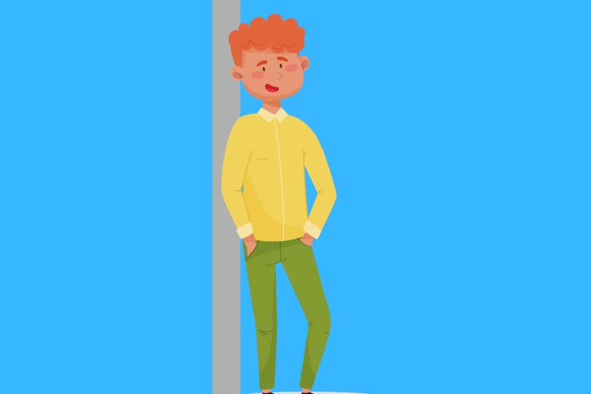 Cartoon graphic of a young man leaning against a grey wall on a blue background.