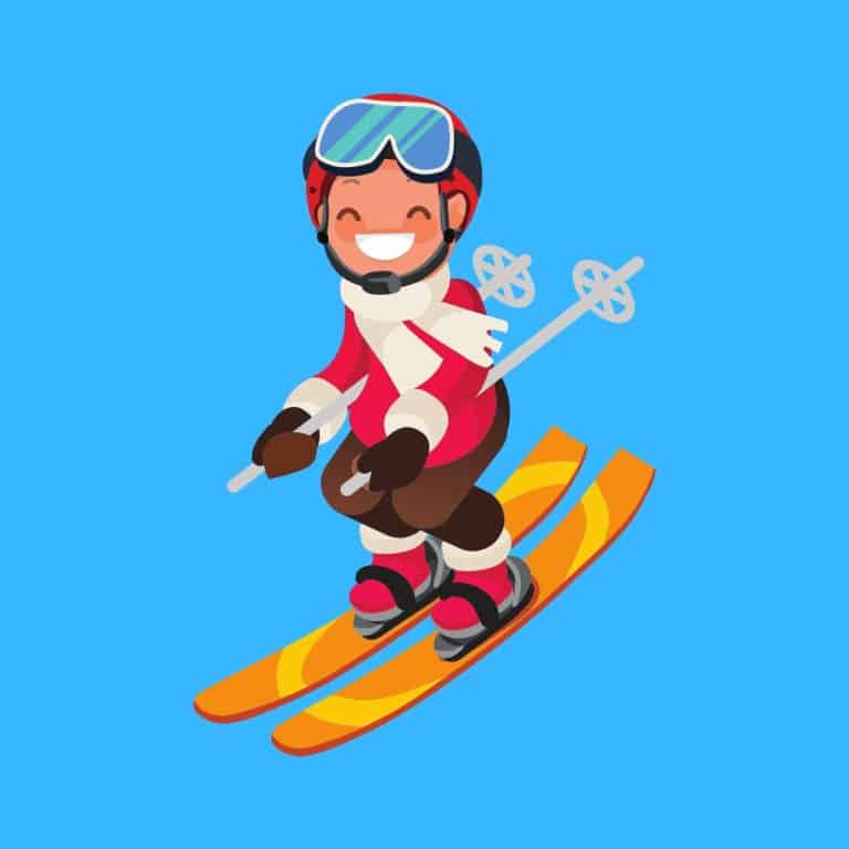 Cartoon graphic of a girl going downhill skiing smiling on a blue background.