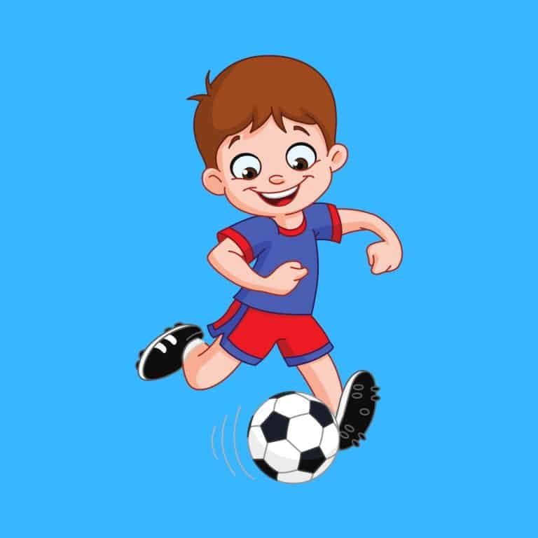 Cartoon graphic of a boy about to kick a soccer ball on blue background.