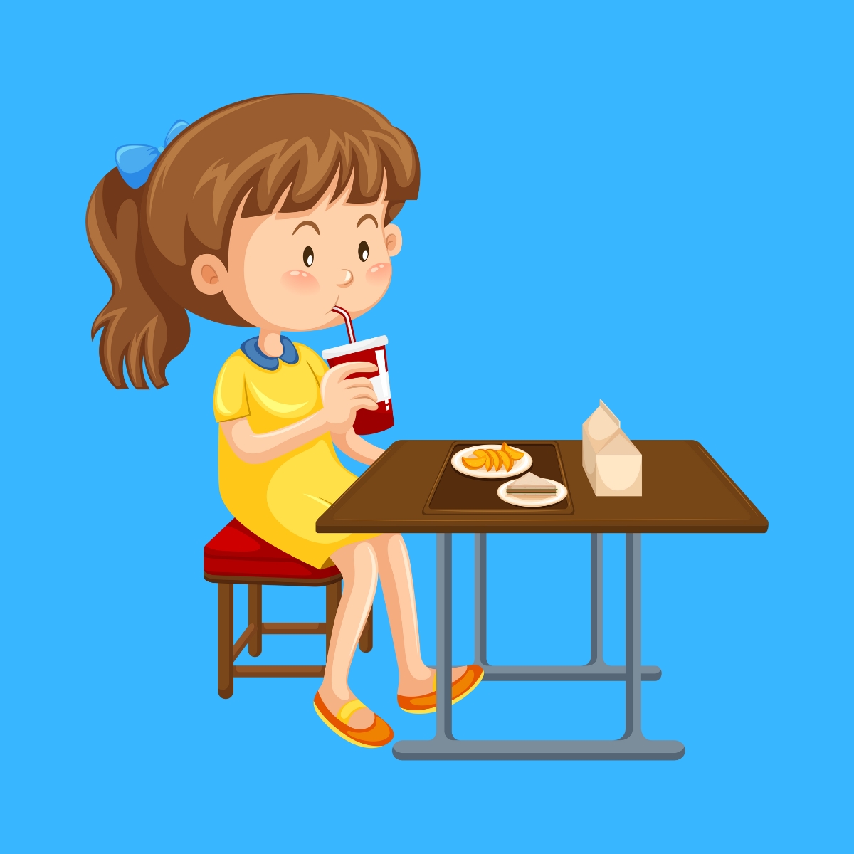 Cartoon graphic of a young girl with lunch drinking her drink on a blue background.