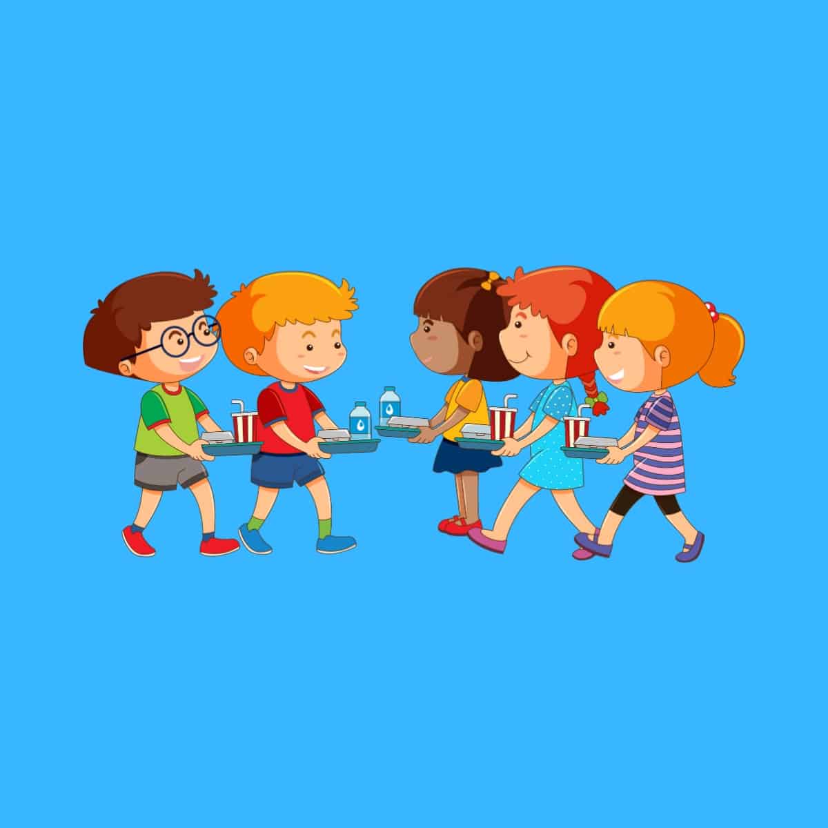 Cartoon graphic of 5 kids holding school lunches on trays while walking on a blue background.