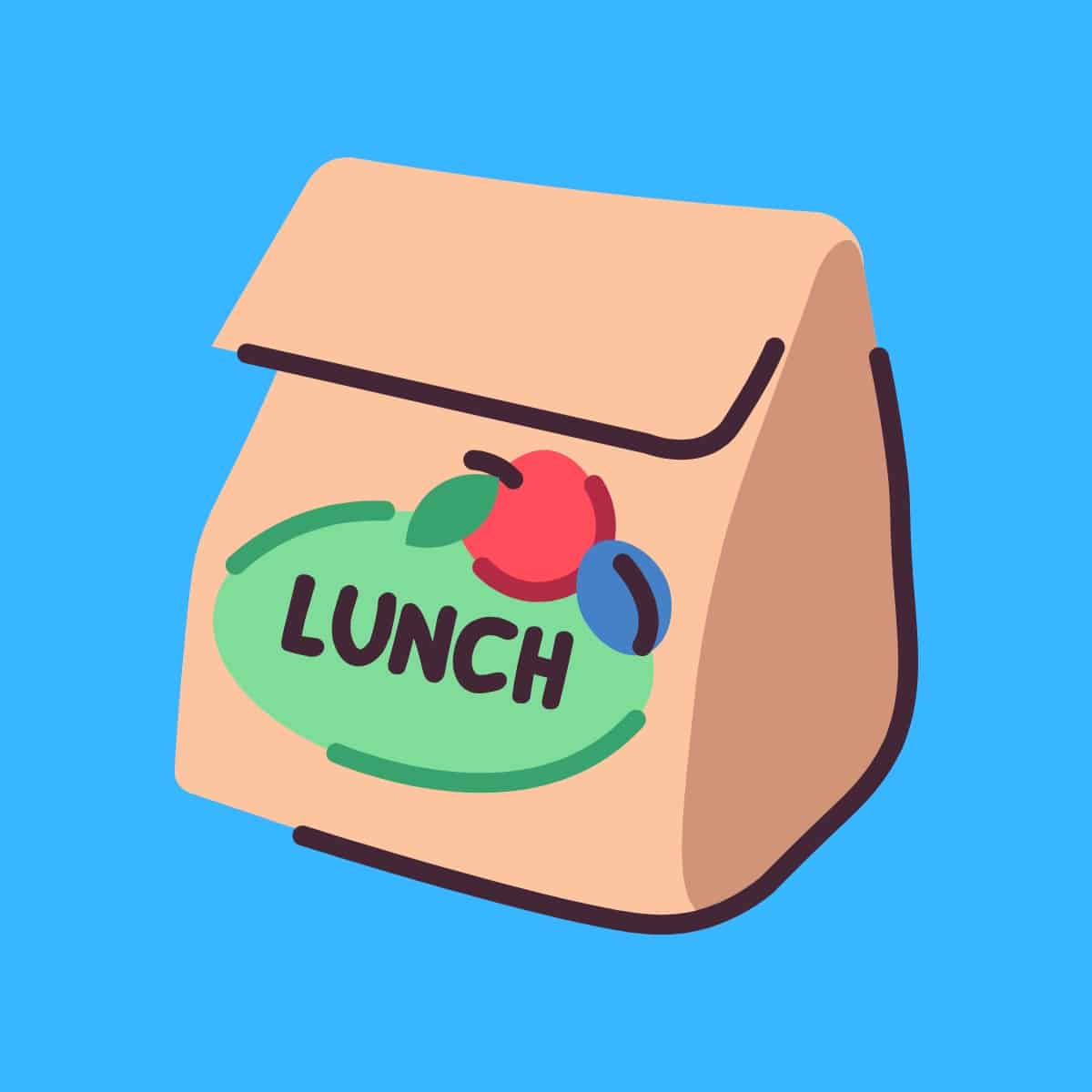 Cartoon graphic of a paper bag with the word lunch on it on a blue background.