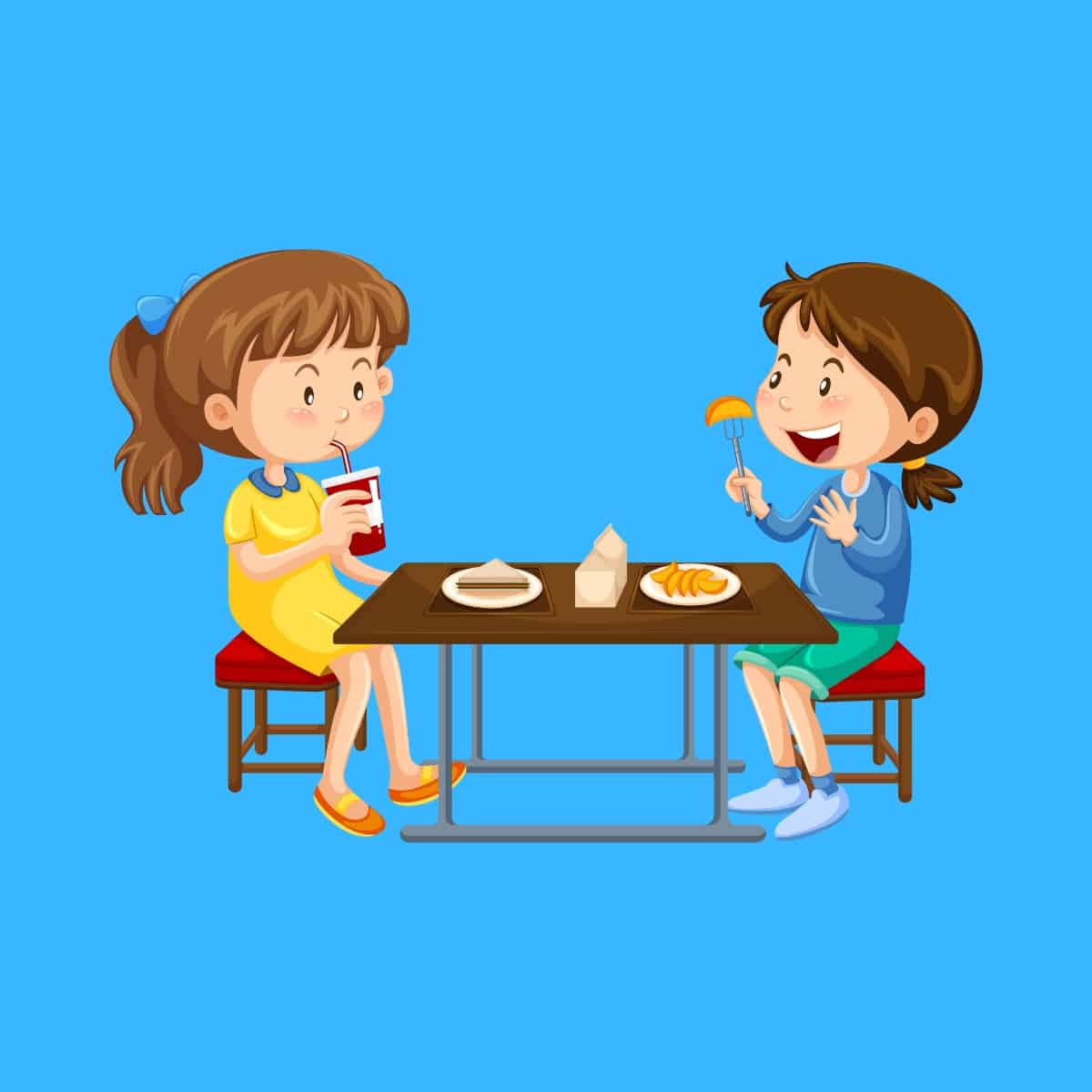 Cartoon graphic of two young girls sitting and eating lunch at a table on a blue background.