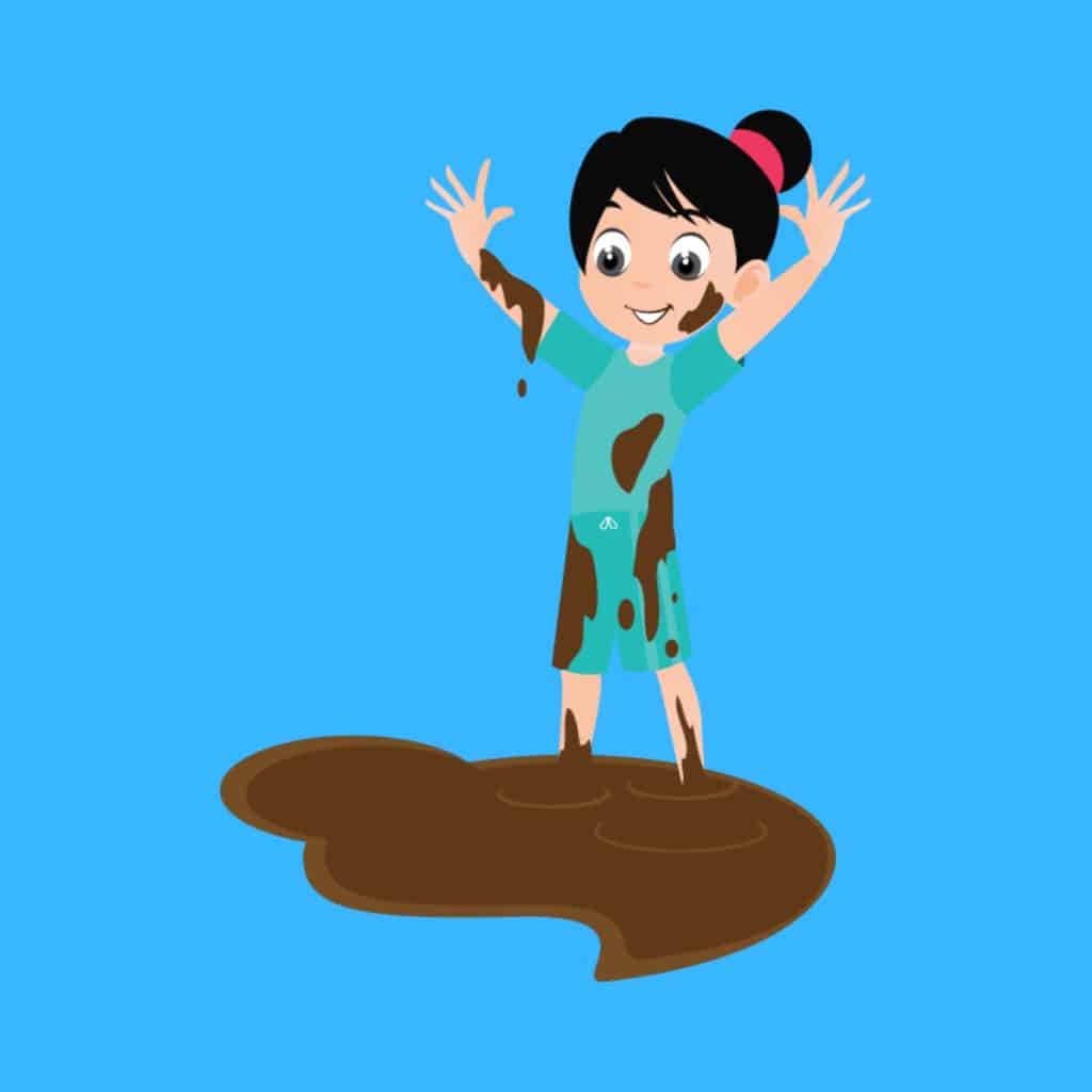 Cartoon graphic of a girl with black hair playing and covered in mud on a blue background.