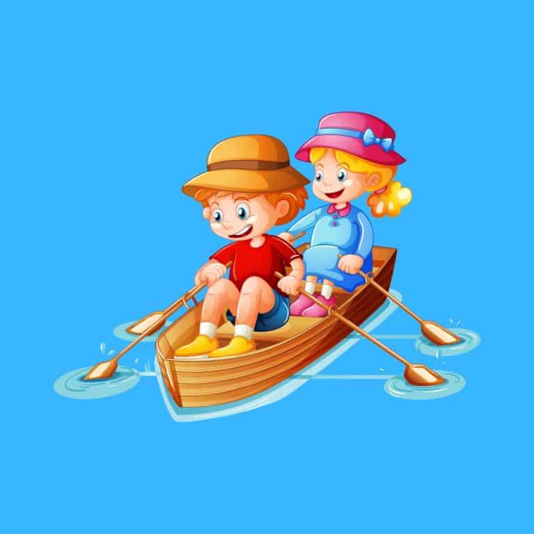 Cartoon graphic of a young boy and girl rowing in a row boat on a blue background.